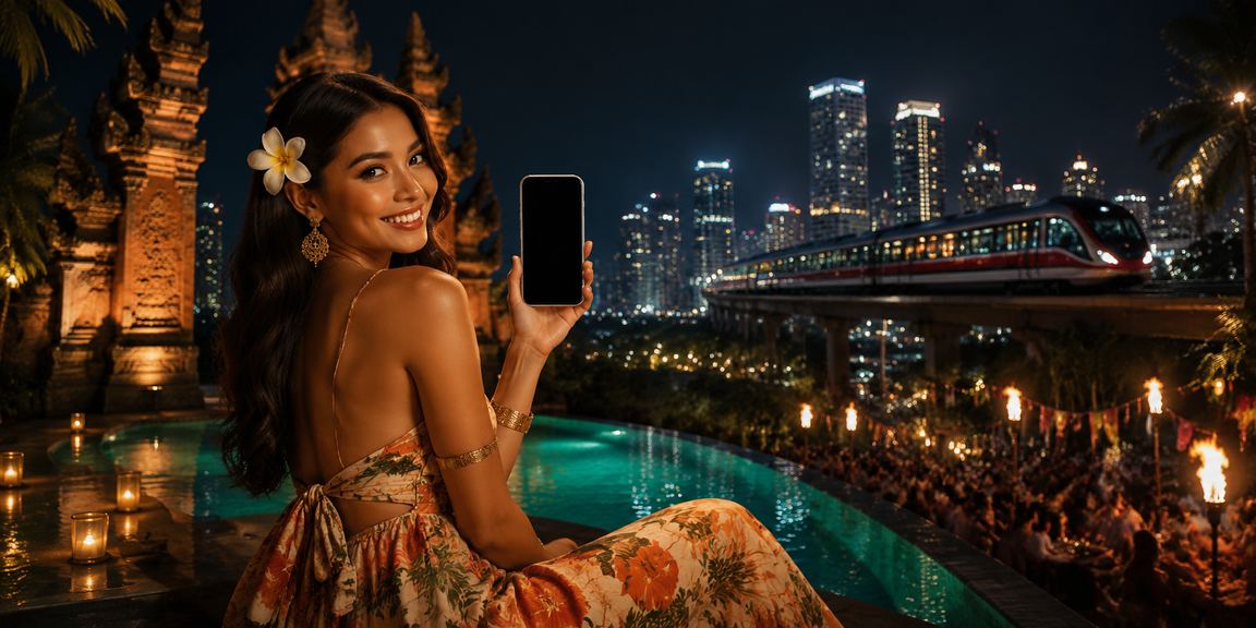 Pengguna aplikasi kasino menikmati festival dengan tampilan smartphone di suasana meriah