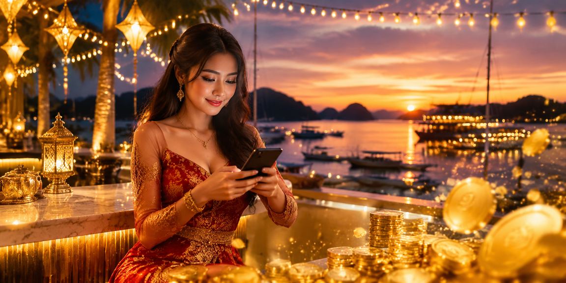 Suasana festival dengan amplop merah dan dekorasi bonus cashback yang meriah