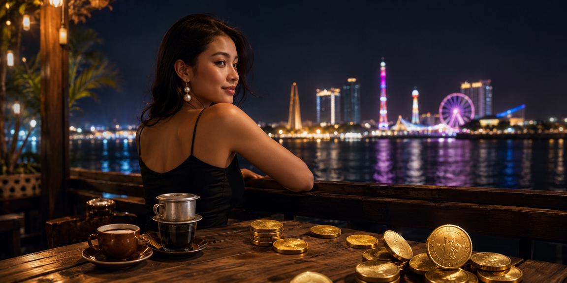Pengguna memeriksa saldo cashback bonus di kafe Vietnam dengan minuman kopi di meja