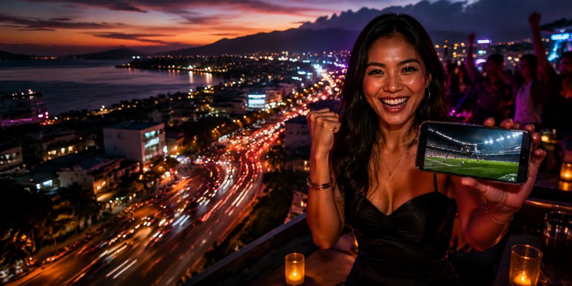Layar smartphone menampilkan antarmuka kasino mobile dengan efek cahaya neon berwarna