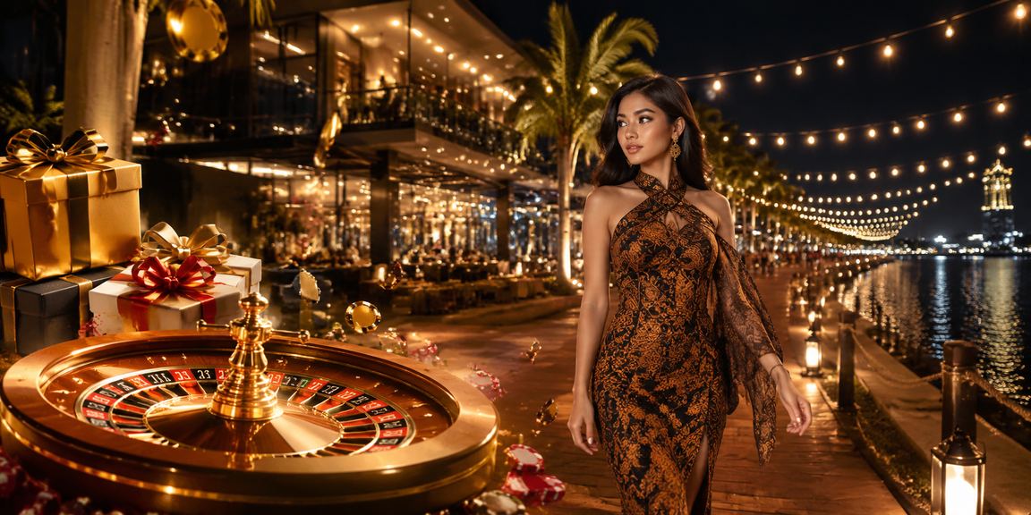 Meja roulette di pasar malam dengan suasana neon berwarna yang memukau dan penuh antusias