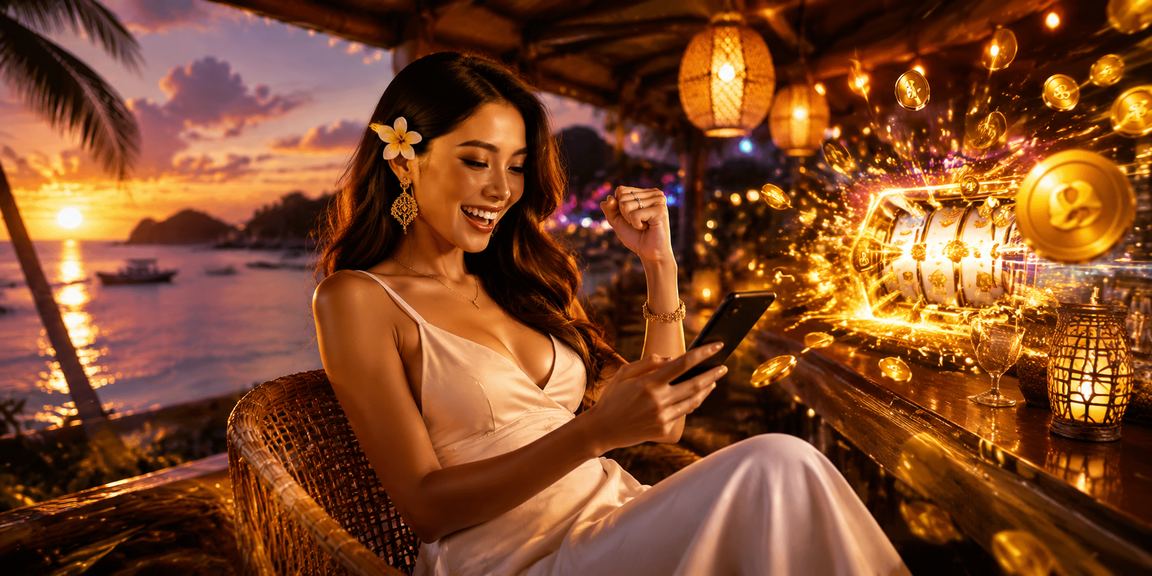 Pemain slot menikmati permainan di pasar malam dengan suasana lampu neon berwarna-warni